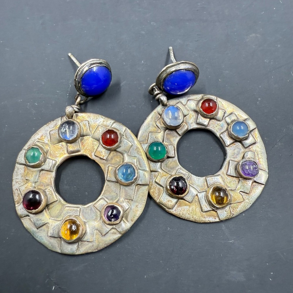 Vintage 1.75"‎ Sterling Silver Earrings with Multicolor Gemstones – Artisan